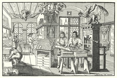 Interior de un taller de imprenta de libros, c1676 de European School