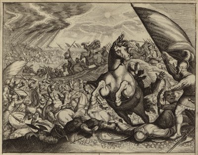 Israelitas derrotando al ejército amorreo después de que Josué ordenó al Sol y a la Luna que se detuvieran (grabado) de European School