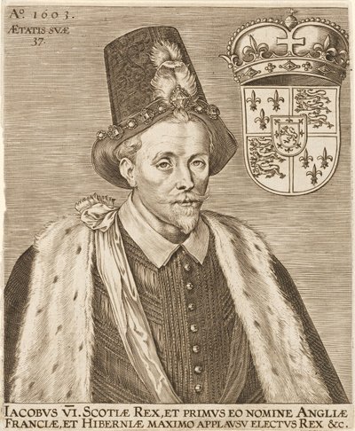 Jacobo VI de Escocia y Jacobo I de Inglaterra, pub. 1603 de European School
