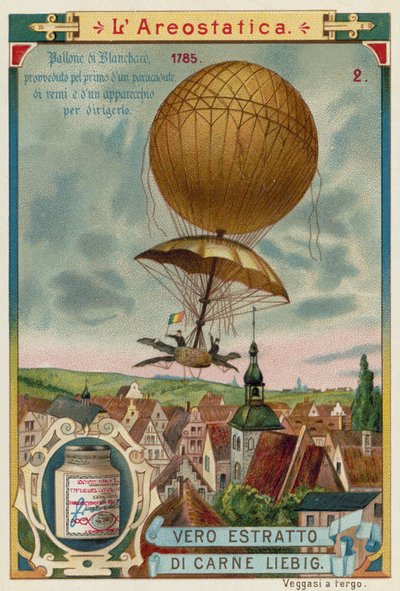Jean-Pierre Blanchard realizando el primer descenso en paracaídas desde un globo, 1785 de European School