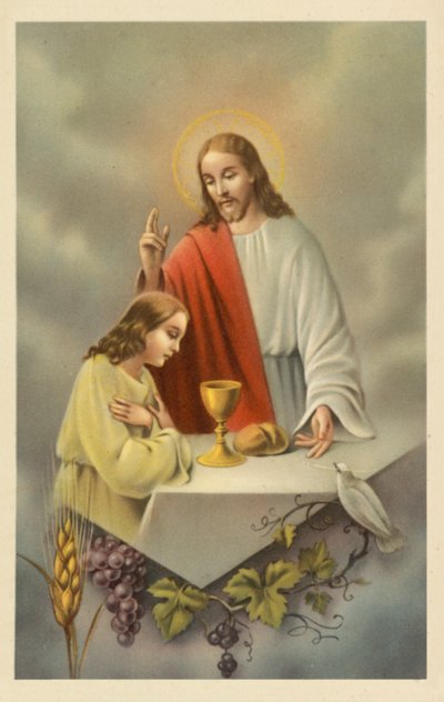 Jesucristo bendiciendo a una niña que toma la Sagrada Comunión (litografía en color) de European School