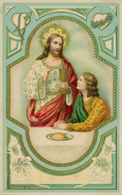 Jesucristo bendiciendo a un hombre que comulga (cromolito) de European School