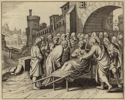 Jesucristo resucitando al hijo de la viuda de Naín de entre los muertos (grabado) de European School