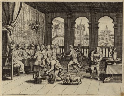 José sirviendo un banquete a sus hermanos en Egipto (grabado) de European School