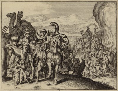 Josué y los israelitas cruzando el río Jordán y entrando en Canaán (grabado) de European School