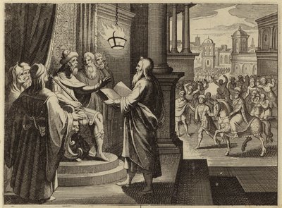 El rey Asuero ordena que le traigan y le lean el libro que relata su reinado (grabado) de European School