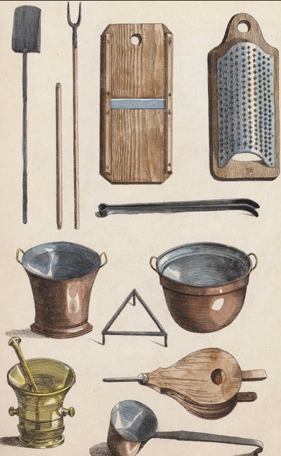 Utensilios de cocina (litografía en color) de European School