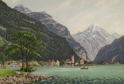 Lago de Lucerna: Fluelen (litografía en color) de European School