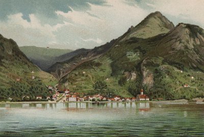 Lago de Lucerna: Gersau (litografía en color) de European School