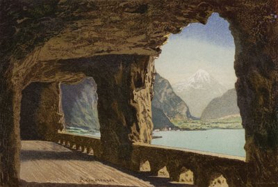 Lago de Lucerna: La Axenstrasse (litografía en color) de European School