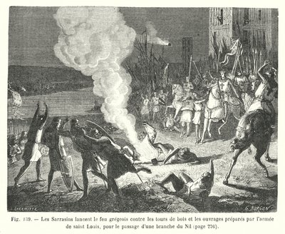Los sarracenos lanzan el fuego griego contra las torres de madera y las obras preparadas por el ejército de San Luis, para el paso de una rama del Nilo de European School