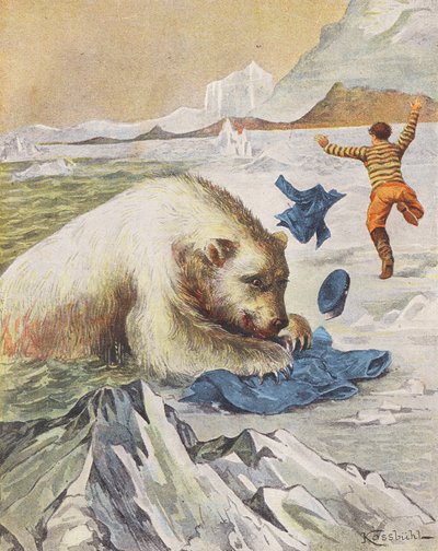 Hombre escapando del ataque de un oso polar (litografía en color) de European School