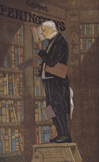 Hombre en la cima de una escalera en una librería de European School