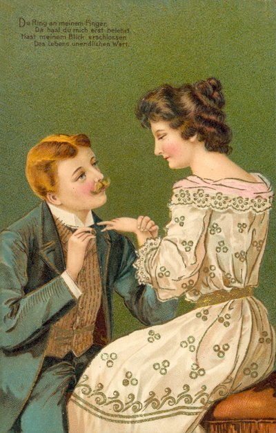 Hombre proponiendo matrimonio a una joven, a punto de colocar un anillo en su dedo (litografía en color) de European School