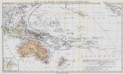 Mapa de las razas de Oceanía y Australasia (litografía en color) de European School
