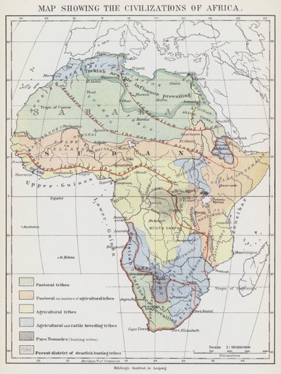 Mapa de las civilizaciones de África (litografía en color) de European School