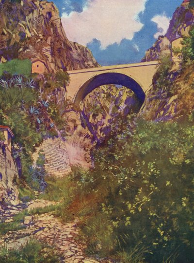 Menton, Le Pont St-Louis (litografía en color) de European School