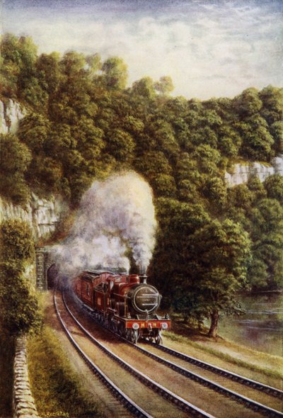 Tren expreso Midland Scotch en el ferrocarril Midland que viaja a través de los valles de Yorkshire (litografia en color) de European School