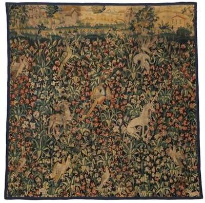Fragmento de tapiz Mille fleurs con animales, pájaros y paisaje, c.1500 (lana) de European School