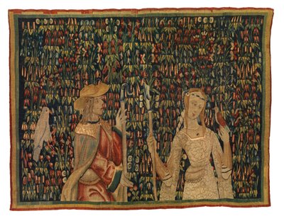 Fragmento de tapiz Mille fleurs con pastor y pastora o dama y joven (lana y seda) de European School