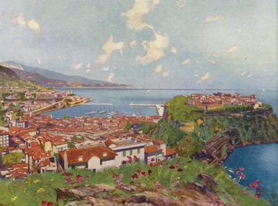 Mónaco, La Roca y Vista General (litografía en color) de European School