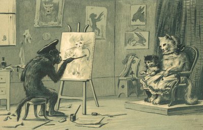 Mono pintando el retrato de un gato y un gatito (litografía) de European School