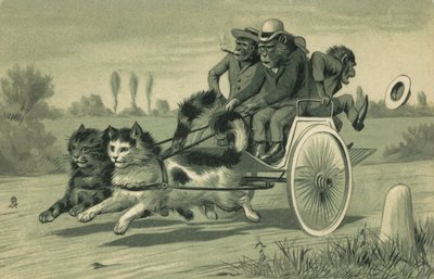 Monos conduciendo un carruaje tirado por dos gatos (litografía) de European School