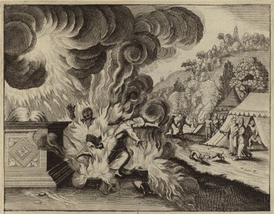 Nadab y Abiú consumidos por el fuego por desobedecer la ley de Dios (grabado) de European School