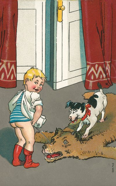 Niño travieso orinando sobre una alfombra de piel de oso (litografía en color) de European School