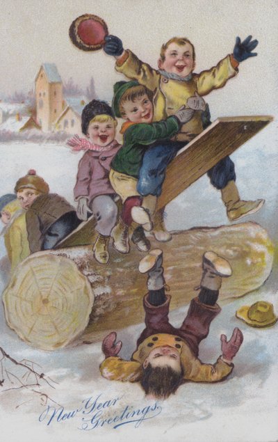 Tarjeta de felicitación de Año Nuevo con niños jugando en la nieve (cromolito) de European School