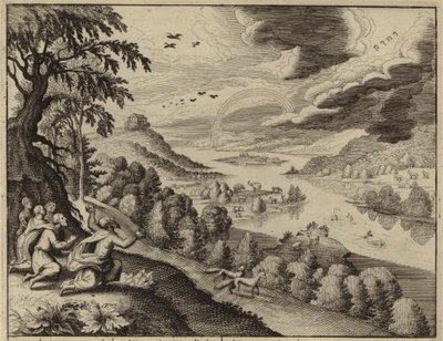 Noé mirando el arcoíris, señal de Dios de que el diluvio no volvería a ocurrir (grabado) de European School
