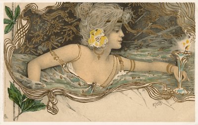 Ninfa de la mitología griega nadando en el agua (litografía en color) de European School