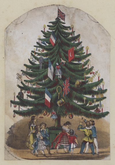 Personas bajo un árbol de Navidad, tarjeta de felicitación (litografia en color) de European School