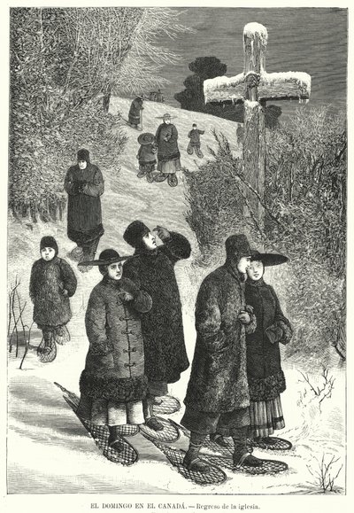 Personas con raquetas de nieve regresando de la iglesia el domingo, Canadá de European School