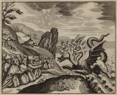 Gente adorando a la bestia de siete cabezas que sale del mar (grabado) de European School
