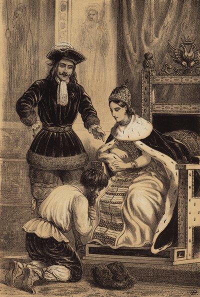 Pedro el Grande de Rusia ordenando a Karol Skowronski que bese el dobladillo de la falda de su hermana, la emperatriz Catalina I (lito) de European School