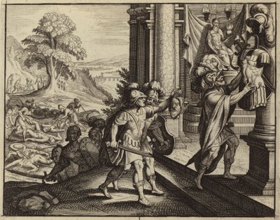 Filisteos poniendo la cabeza de Saúl en el templo de su dios Dagón (grabado) de European School