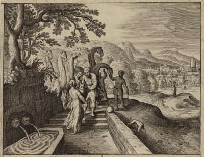 Rebeca dando agua al sirviente de Abraham, Eliezer y sus camellos (grabado) de European School
