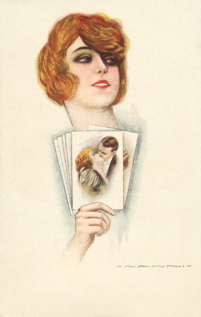 Pelirroja sosteniendo tarjetas en las que aparece besando a un hombre (litografía en color) de European School