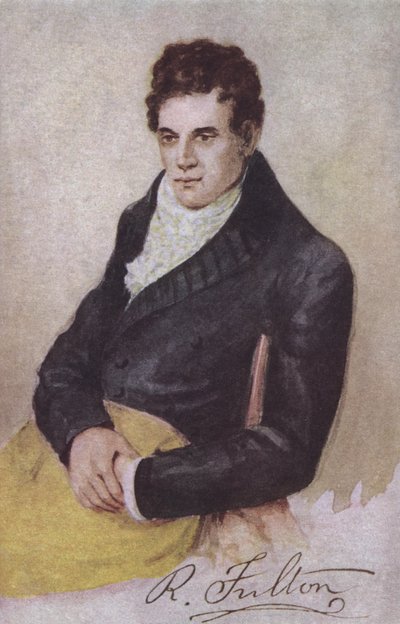 Robert Fulton, ingeniero, inventor y pionero estadounidense de los barcos de vapor (litografía en color) de European School