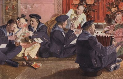 Marineros en una casa de té china (litografía en color) de European School