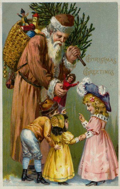 Papá Noel dando regalos y un árbol de Navidad a los niños (litografía en color) de European School