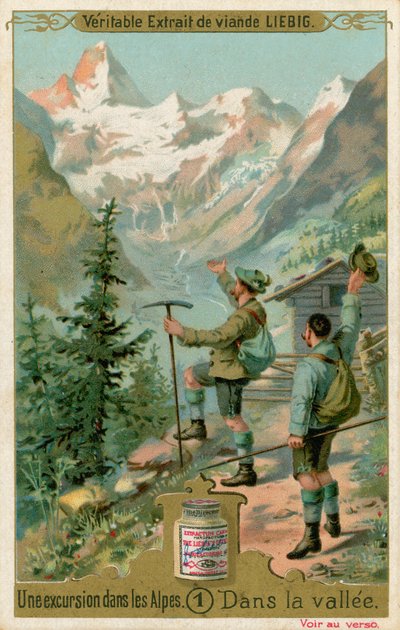 Escena de una excursión por los Alpes: en el valle (cromolito) de European School