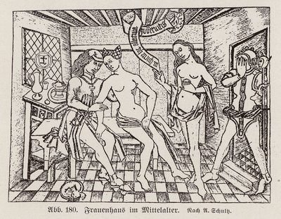 Escena en un Frauenhaus, un burdel alemán de finales de la Edad Media (grabado) de European School