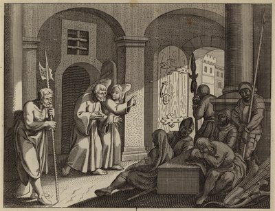 San Pedro liberado de la prisión por un ángel (grabado) de European School