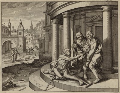 San Pedro curando a un mendigo cojo en el nombre de Jesucristo (grabado) de European School
