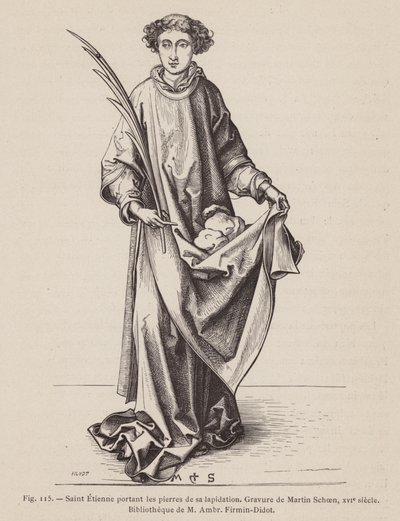 San Esteban llevando una hoja de palma de mártir y las piedras utilizadas en su martirio (grabado) de European School