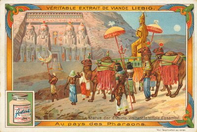 Estatua de Osiris visitando el templo de Ipsambul, tarjeta Liebig, principios del siglo XX (cromo) de European School