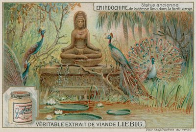 Estatua de la Diosa Uma en un Bosque con Pavos Reales de European School