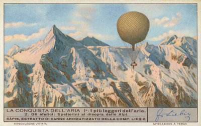 El aeronauta suizo Eduard Spelterini sobrevolando los Alpes (cromolito) de European School